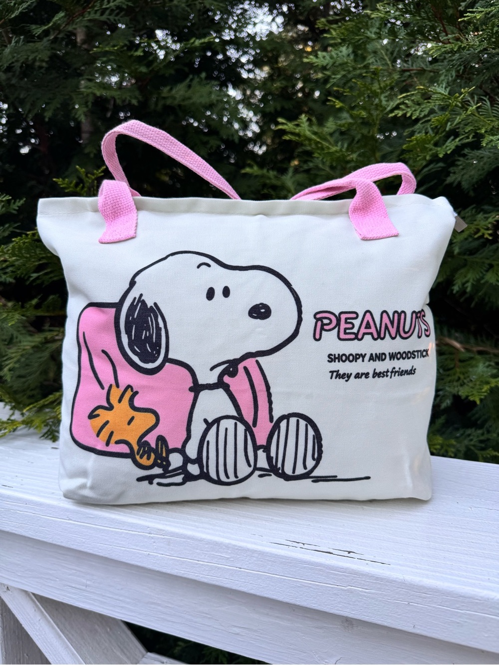 Peanuts Snoopy Canvas Tote Bag in Pink zipper top, 8” handle drop, 15”x10”x3